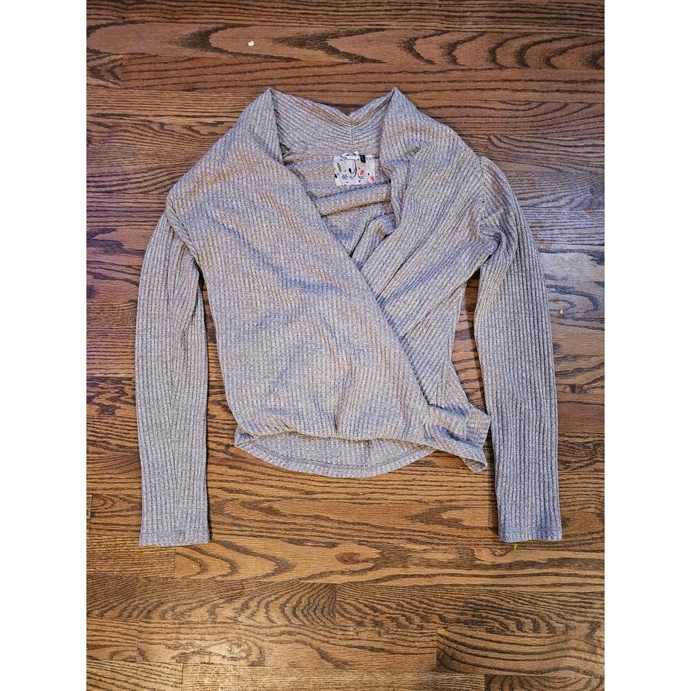Anthropologie Ribbed Wrap Sweater-S-Mocha Brown Surplice V-Neck Slouchy Knit Top - Picture 3 of 5